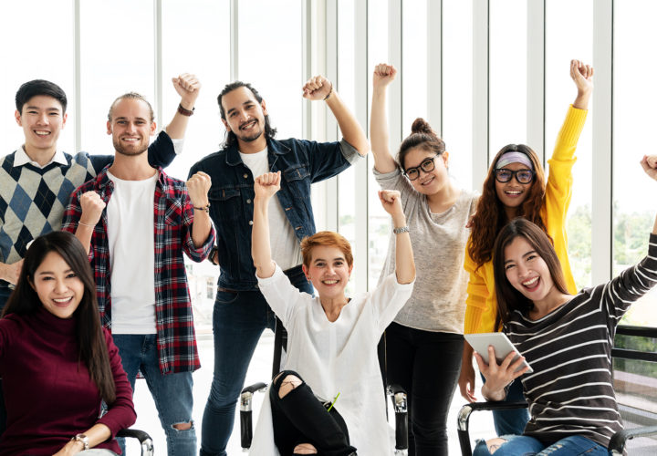 Group of Diversity People Team smiling and cheerful in success work at modern office. Creative Multiethnic teamwork feeling happy, enjoy and engaged with achievement project with group shot concept.